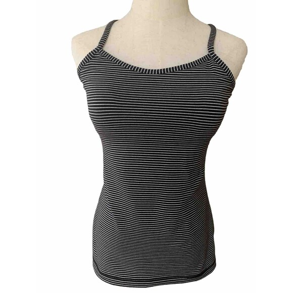 Lululemon Women Power Y Tank Luon Parallel Stripe Black/White Shelf Bra Top SZ 6 - Picture 3 of 9